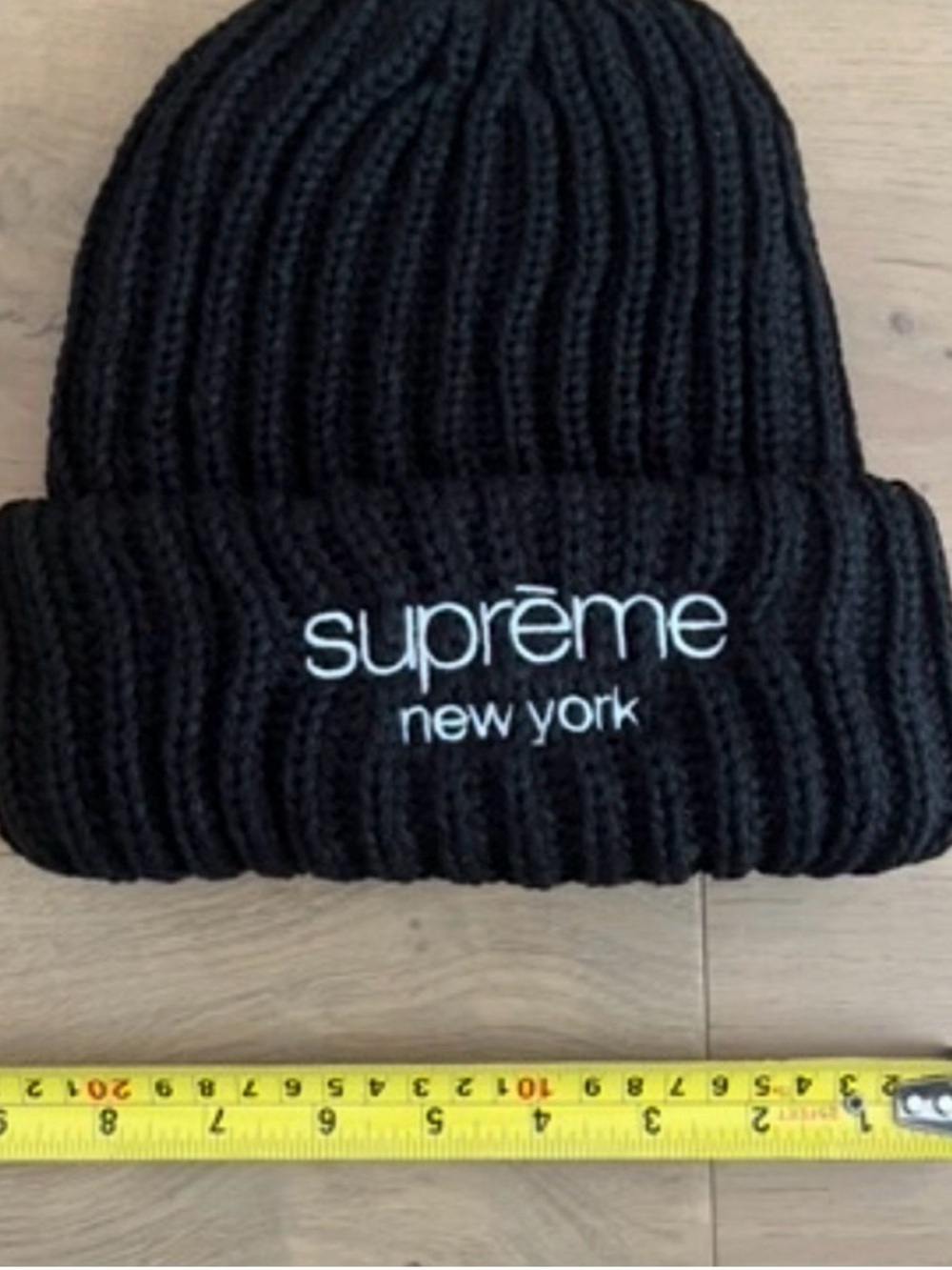 Supreme Black Rib Knit Beanie with White Logo